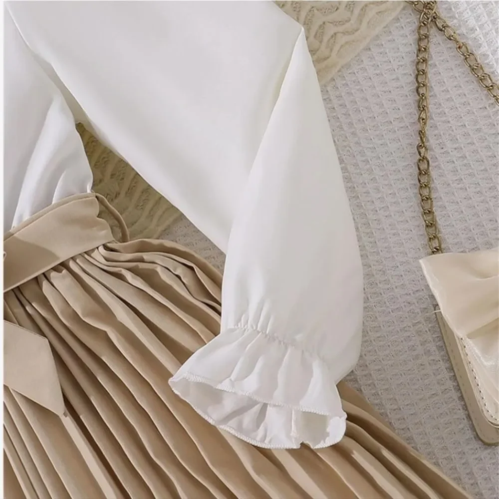 Girls' Cream & Tan Pleated Bow-Front Dress